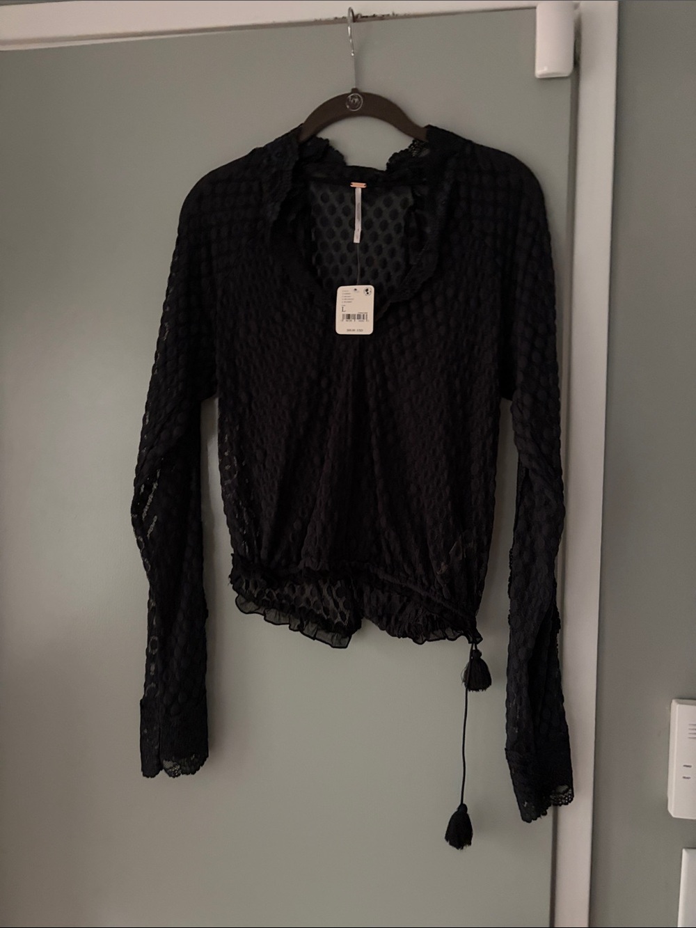 Free People - black lace blouse with tassels, size L
